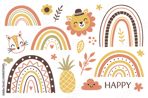 Illustrated collection of boho rainbows cute animals pineapple and happy text lion