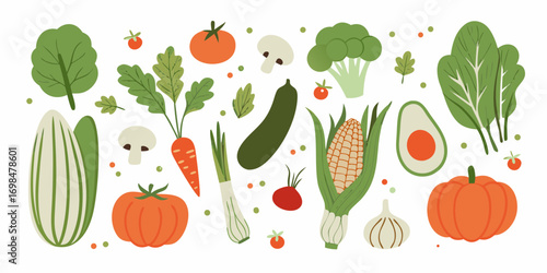 A vibrant collection of fresh vegetables and produce arranged in a playful pattern on a white background