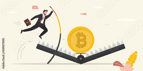 Сonfident businessman pole vaults through financial crypto animal trap. Bitcoin as bait for inexperienced traders. Instability in cryptocurrency market.