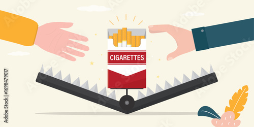 Disadvantage smoking cigarettes. May 31st World No Tobacco Day. No Smoking Day Awareness. Animal trap with cigarette pack. Human hands want catch tobacco in trap.