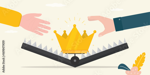 Golden crown in animal trap, bait. Customer hands catching crown. Deception, scam, fake discount or seasonal sale. Problems of fame, celebrity, influence.