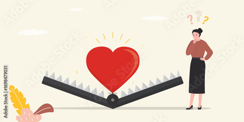 Woman thinking about giant heart in trap. Animal trap with heart as bait. mousetrap with bait love heart. Online dating, relationship, deception problems.