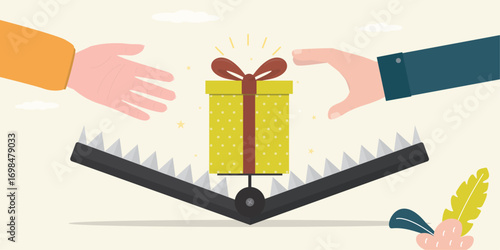 Gift box in animal trap, bait. Customer hands catching prize or gift. Marketing, promotion campaign. Deception, scam, fake discount or seasonal sale. Fraud, freebie,