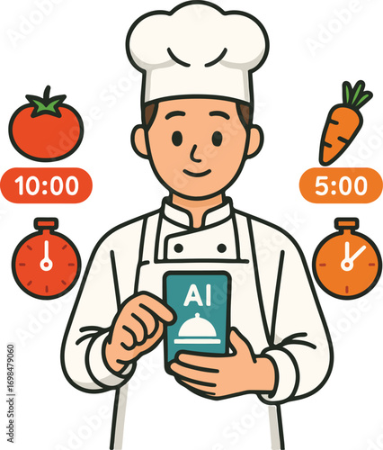 pprentice chef following a video-generated recipe phone shows ingredient timers next to their hands illustration