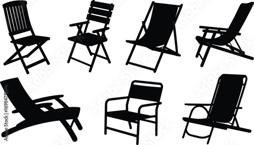 Folding chair silhouette set, beach chair vector, lounge chair icon, camping chair illustration, outdoor seating graphic, black chair design