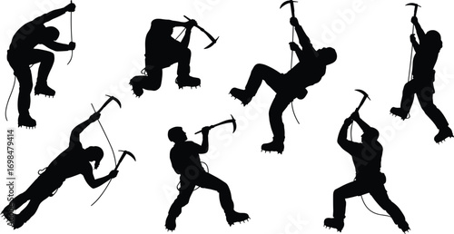Ice climber silhouette collection, mountain climbing vector, extreme winter sport icon, glacier hiking clipart, outdoor adventure alpinist, ice axe climber