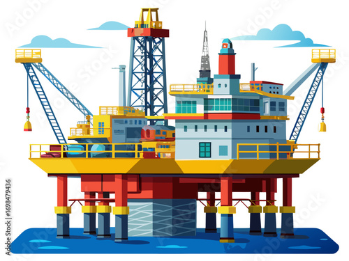 A high-quality vector illustration of an offshore oil drilling platform, isolated on a white background