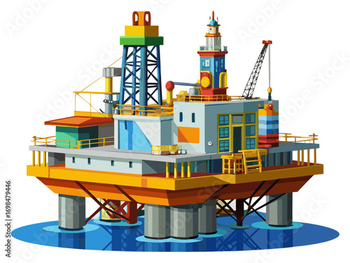 A high-quality vector illustration of an offshore oil drilling platform, isolated on a white background