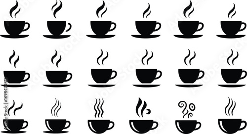 Set of steaming coffee cup icons, hot beverage symbols, coffee cup silhouette, coffee cup vector, cafe icon collection, black coffee design