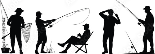 Fisherman and angler silhouette collection, men fishing with rods and nets, perfect for outdoor, hobby, and sport concepts.