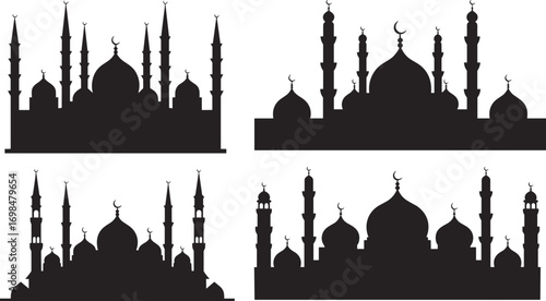 Silhouette mosque vector set, Islamic architecture, mosque outline, mosque icon, Islamic symbol, mosque shapes, religion, Muslim culture, spiritual landmarks, minarets, crescent moons, mosque design