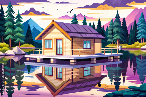 Floating cabin on lake water, wooden structure reflecting in calm nature landscape, peaceful retreat