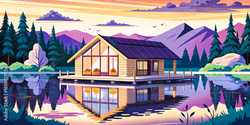Floating cabin on lake water, wooden structure reflecting in calm nature landscape, peaceful retreat