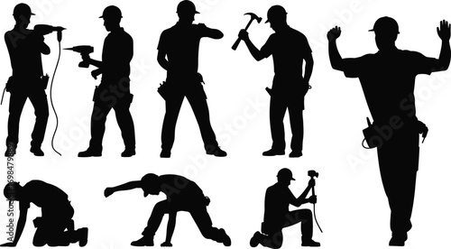 Silhouettes of construction workers using drills, hammer, tools, hard hats, safety gear, kneeling, standing, working, repairing, building, maintenance, craftsmanship, teamwork, 