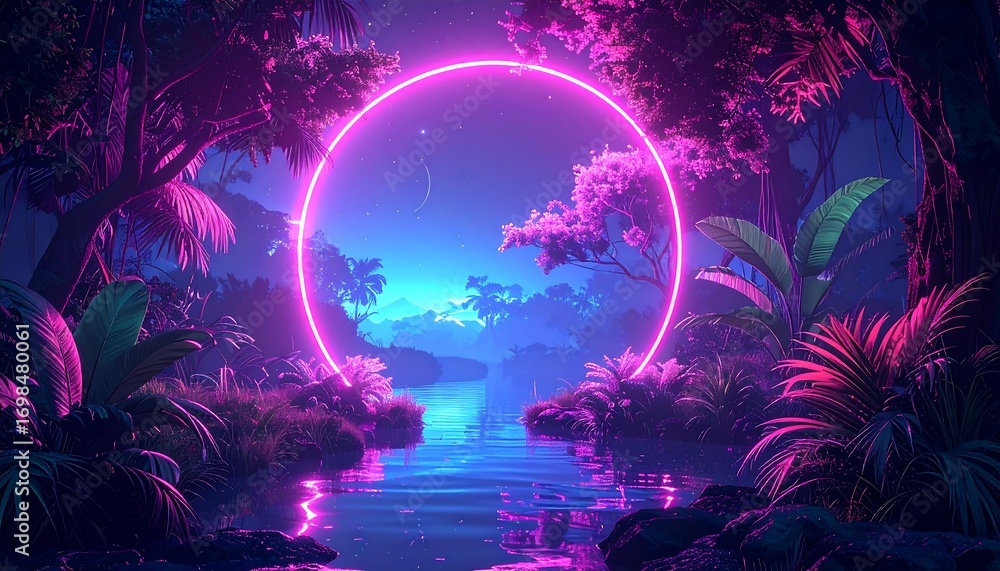 Obraz premium Neon jungle scene with glowing circle