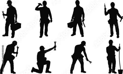 Silhouettes of construction workers with tools, hard hats, toolboxes, working poses, maintenance, repair, industrial labor, building, safety gear, professional tradespeople, 
