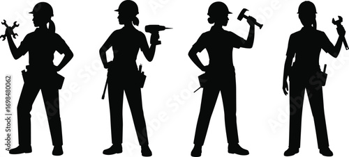 Female construction worker silhouette collection, handyman and mechanic vector icons with tools, perfect for labor and professional concepts.