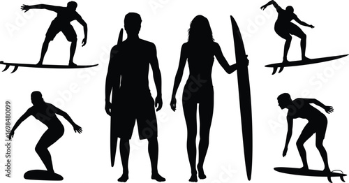 Silhouettes of male and female surfers holding surfboards, surfing waves, active surfers in motion, beach sports, water adventure, extreme sports, ocean surfing lifestyle