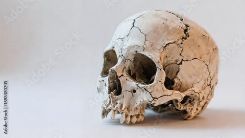 A close-up, slightly tilted view of a human skull with visible cracks and a weathered, aged texture, resting on a white or light-colored background.