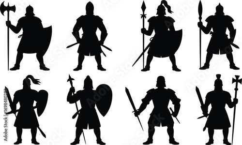 Medieval knight silhouette collection, ancient warrior vector icons with weapons and armor, perfect for historical and fantasy design projects.