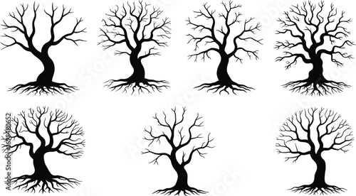 Spooky bare trees vector silhouette collection, mystical forest icons with twisted branches and roots, perfect for Halloween and nature designs.