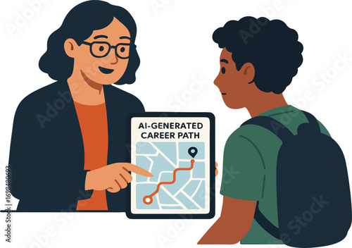 Career counselor and student reviewing an AI-generated career map on a tablet finger pointing to path illustration