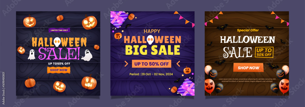 Naklejka premium Set Halloween Sale Exclusive Designs Featuring Festive Themes and Discounts