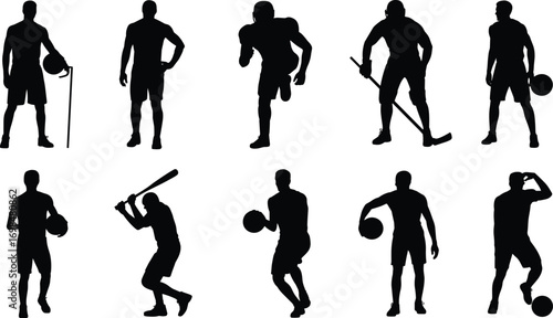 Silhouettes of male athletes playing basketball, baseball, football, hockey, active sports poses, vector illustration, athletic figures, sports action set, sportsman silhouettes