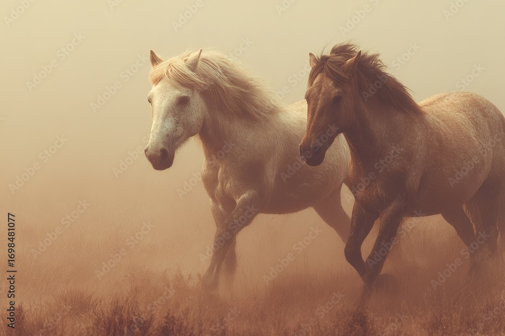 Obraz premium Two horses running through a misty landscape at sunrise in a quiet, natural setting