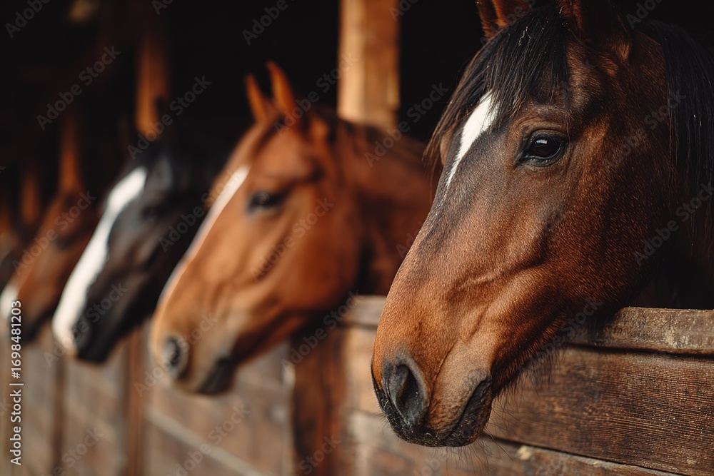 Obraz premium Horses lined up in stables during late afternoon at a rural equestrian center