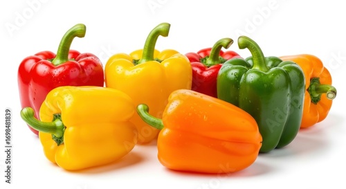 Fresh, colorful bell peppers in red, yellow, green, and orange, adorned with water drops, isolated on a clean white background.