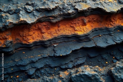 Close-up shot of layered sedimentary rock formations revealing fossilized plant matter and coal seams, indicative of ancient swamp environments and fossil fuel origins , peat, fuel, fossil record