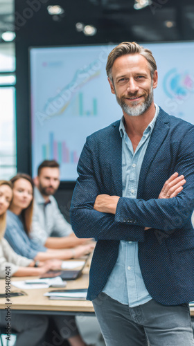 Successful project manager leading business meeting with engaged team members in modern office