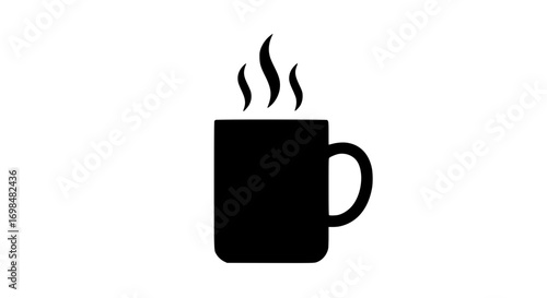 Cup of hot steaming drink for relaxing breakfast at home black white icon