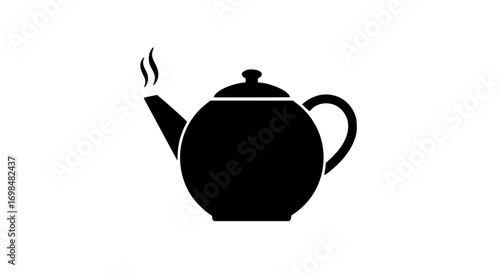 Hot metal kettle with rising steam black white 