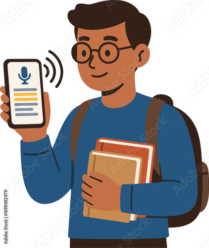 College student using voice AI to transcribe a lecture phone shows live text and highlights illustration