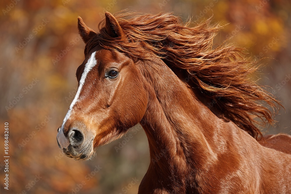 Fototapeta premium Beautiful chestnut horse with flowing mane running in the autumn scenery during golden hour light
