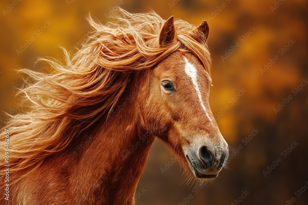 Obraz premium Majestic horse with flowing mane in a golden autumn landscape with vibrant foliage
