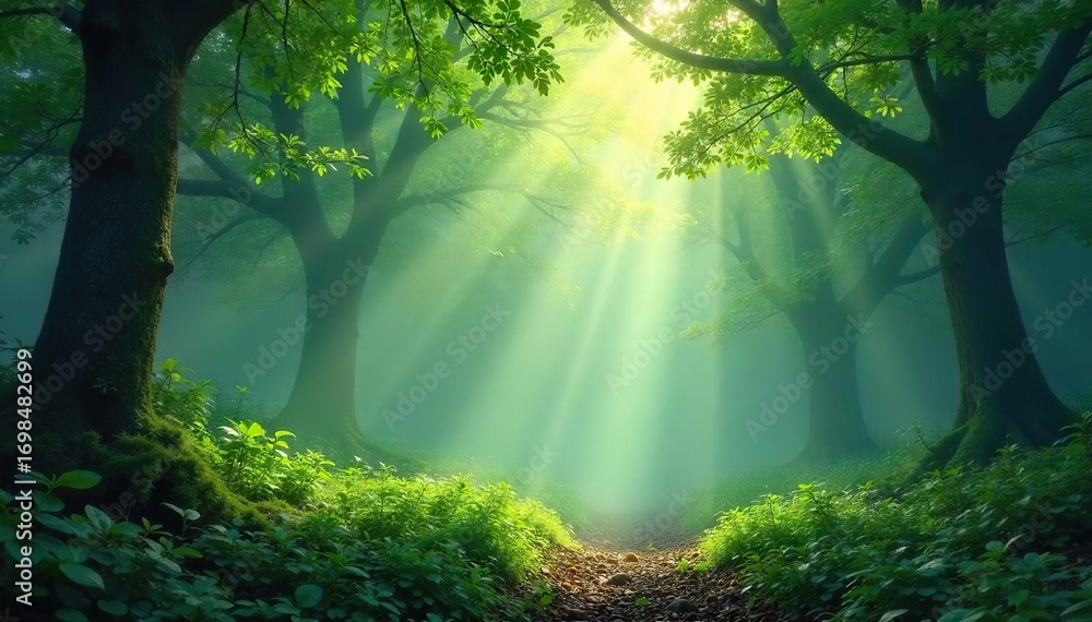 Fototapeta premium Ethereal mist clinging to leaves, sunlight filtering through, creating a mystical and serene forest scene Perfect for fantasy, nature, and tranquility themes , droplets, texture, mist