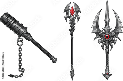 Fantasy dark weapons set with mystical design, medieval axe, magic staff, spiked mace, demonic theme, game asset illustration