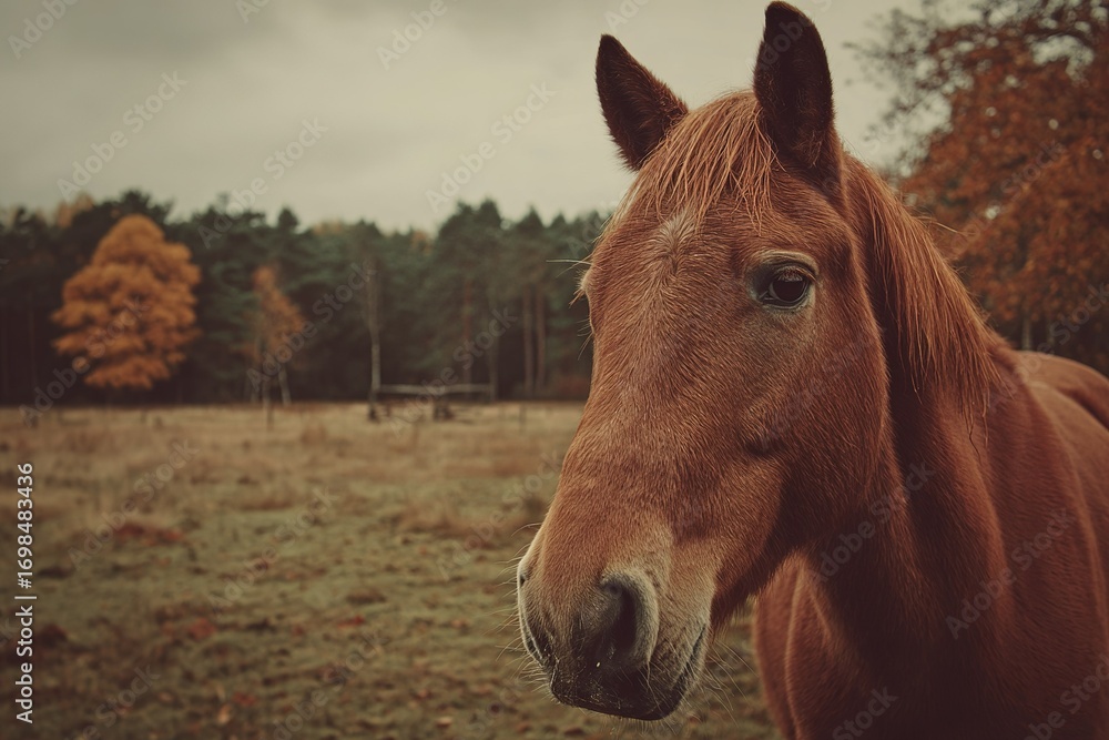 Fototapeta premium Rustic brown horse standing in a field surrounded by autumn foliage near a tranquil forest setting