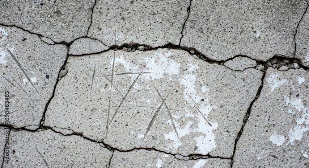 Obraz premium Close-up of a heavily cracked and textured concrete surface with white paint remnants and scratches, showing wear and decay.