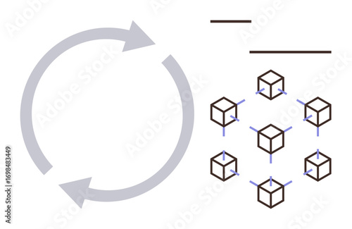 Circular arrows indicating cycle or process next to grid of connected cubes representing blockchain network. Ideal for networking, blockchain, decentralization, cryptocurrency, technology, data