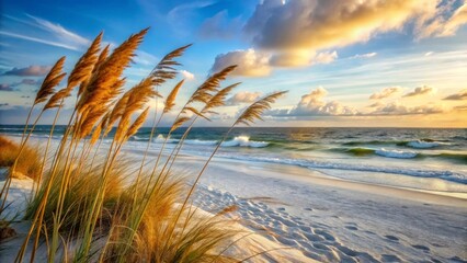 Stickers Plage et Mer Serene Coastal Sunset with Golden Grass Blowing Gently in the Breezy Air  © sunton