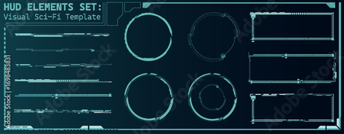 This collection features various futuristic HUD elements in a sleek design suitable for sci-fi themes. The glowing blue interfaces include circular and rectangular shapes ideal for digital interfaces.