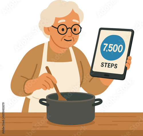 Elderly learner in a tablet cooking class following a large on-screen step counter illustration