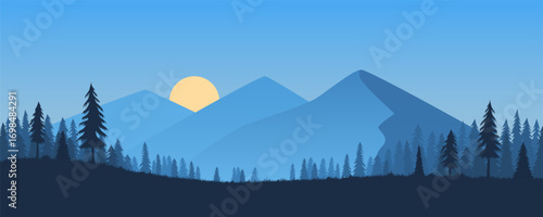 Beautiful night mountain nature landscape with forest and starry sky with moon. Vector illustration night mountain landscape, forests, trees, moon and starry sky.