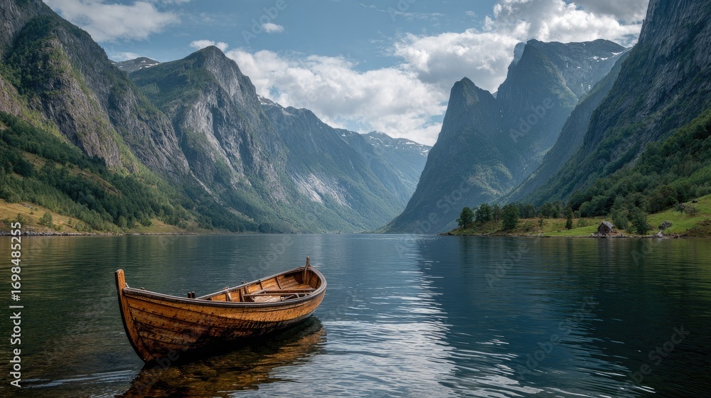 Obraz premium Calm fjord, wooden boat, mountains (1)