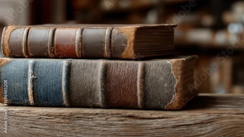 Ancient Tome Stacking: Close-up of two aged books stacked, evoking feelings of history and knowledge, resting on a weathered surface. 