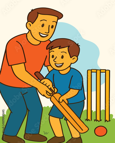 father teach the son circket 